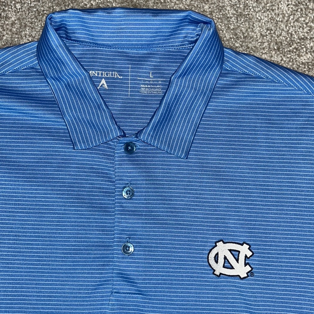 UNC North Carolina Blue Tar Heels Stripe Antigua desert dry golf polo shirt L